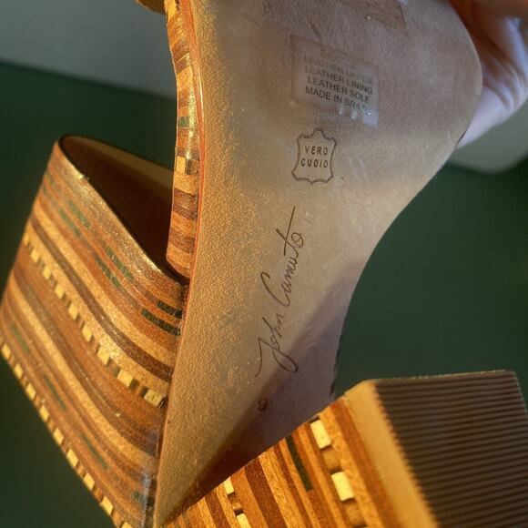 Vince Camuto Brown & Beige Becca Heel Slip On Leather Sandals Size 9 Wood tone - Picture 12 of 12